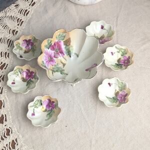 Vintage Made in Japan Porcelain Relish Server Set 3-Footed Bowl & 6 Floral bowls